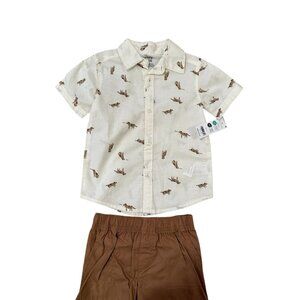Carter’s 2T Boys’s Button Down Shirt & Shorts Set Outfit Cream & Brown Dogs  *T4